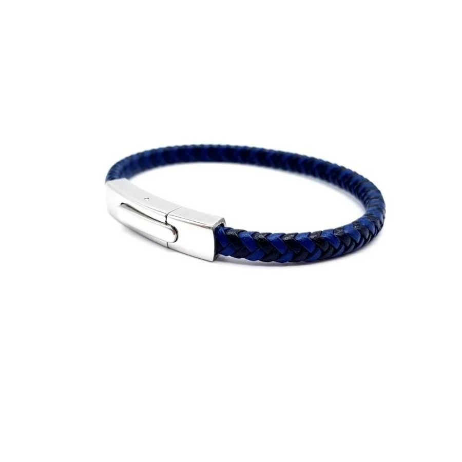 Mavi-Siyah Örgü Derili Çelik Erkek Bileklik - 2