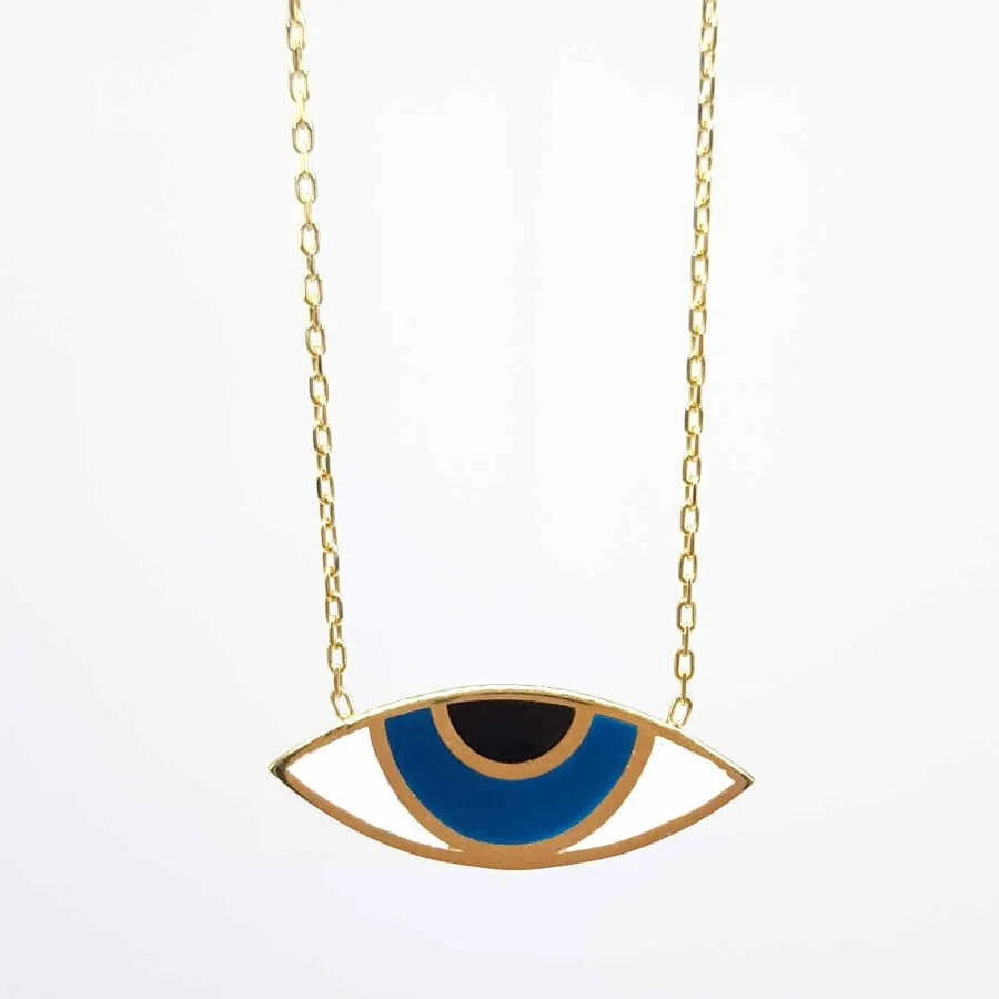 Enameled Eye Shaped Gold Women's Silver Necklace - 1