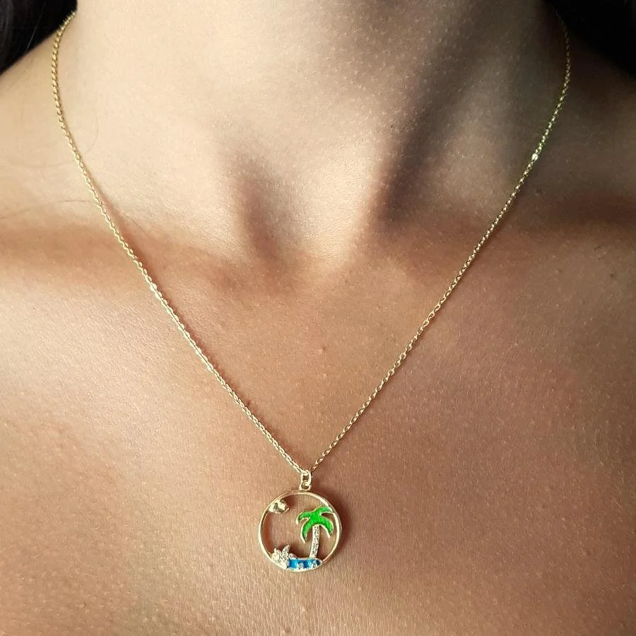 Enameled Palm Tree Silver Women's Necklace - 2