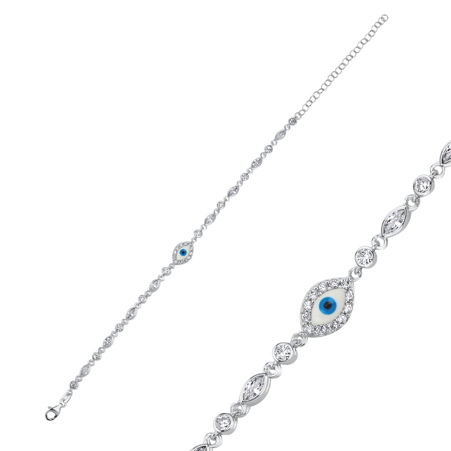 Minimal White Evil Eye Bead Women's Silver Bracelet - CNG Jewels