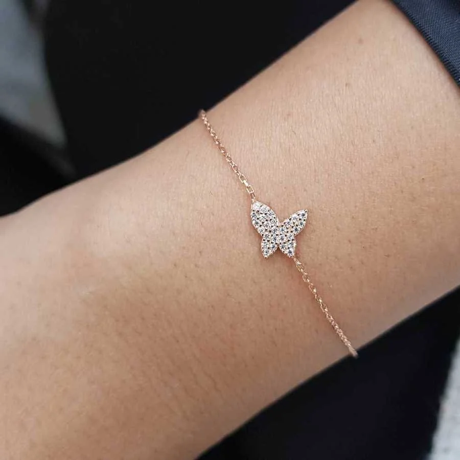 Stone Butterfly Rose Silver Women's Bracelet - 1