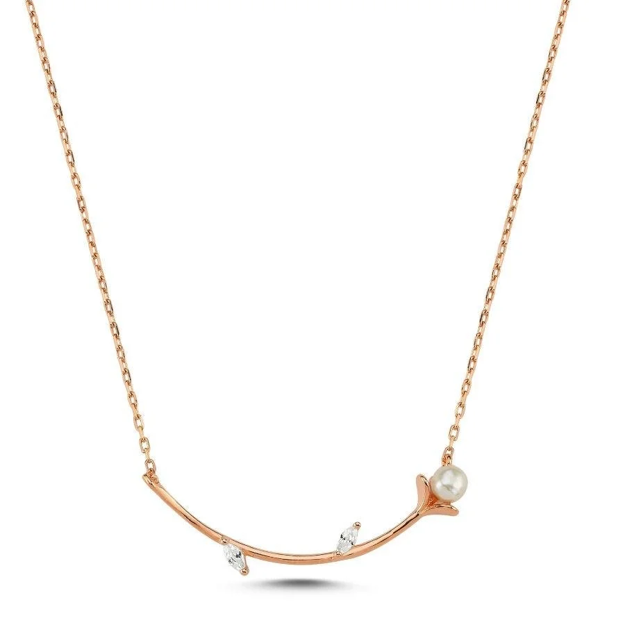 Taşlı ve İncili Minimal Dal Gümüş Kadın Kolye - 1