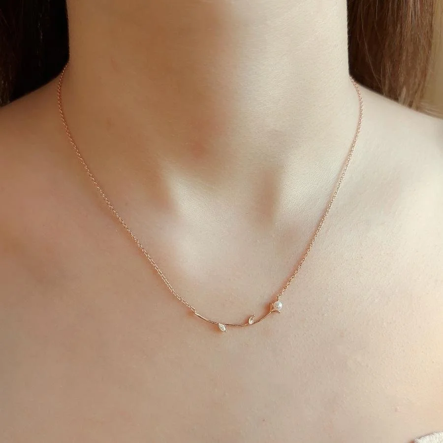 Taşlı ve İncili Minimal Dal Gümüş Kadın Kolye - 2