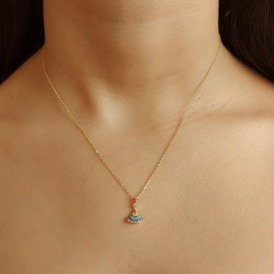 Minimal Colorful Stone Fan Silver Women's Necklace - 2