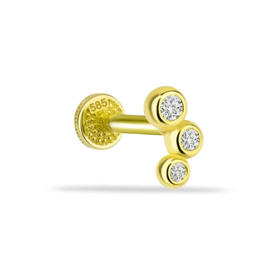 Minimal Süzme Üç Taş Altın Tragus Piercing