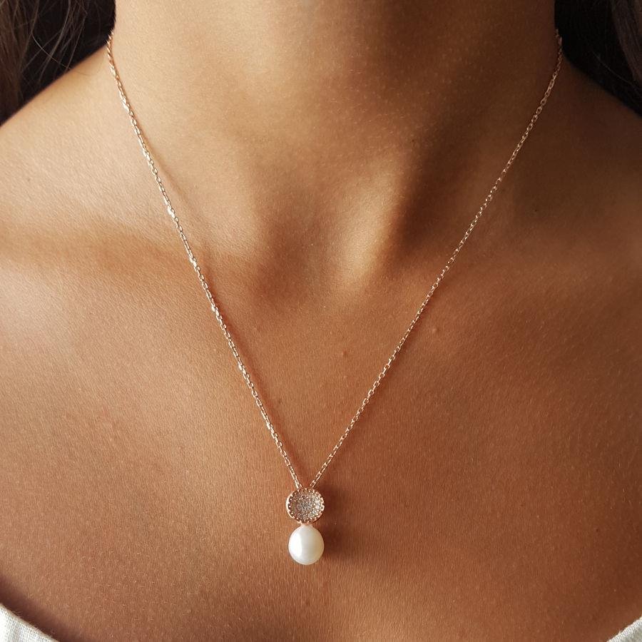 Minimal Stone Drop Real Pearl Rose Women's Silver Necklace - CNG Jewels