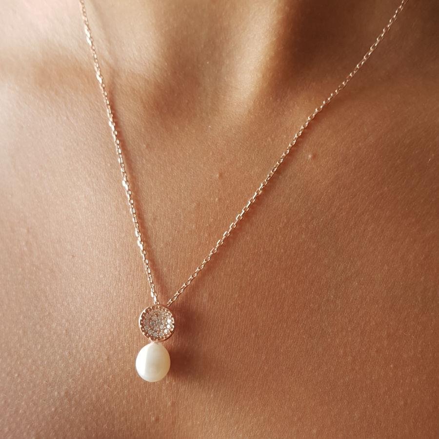 Minimal Stone Drop Real Pearl Rose Women's Silver Necklace - CNG Jewels (1)