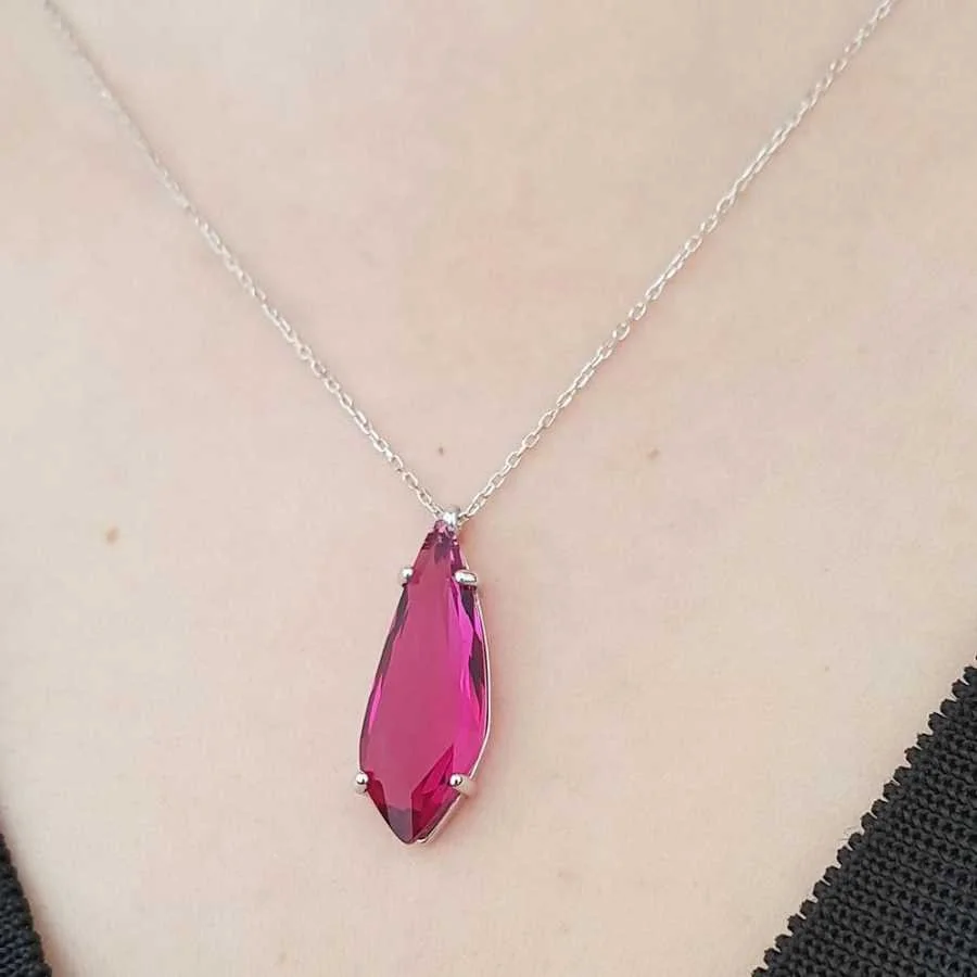 Modern Damla Yakut Renk Taşlı Gümüş Kadın Kolye - 2