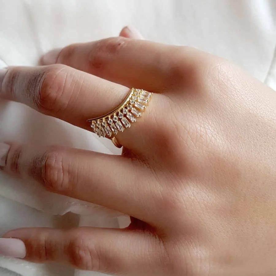 Modern Tasarım Baget Taşlı Gold Gümüş Kadın Yüzük - 2