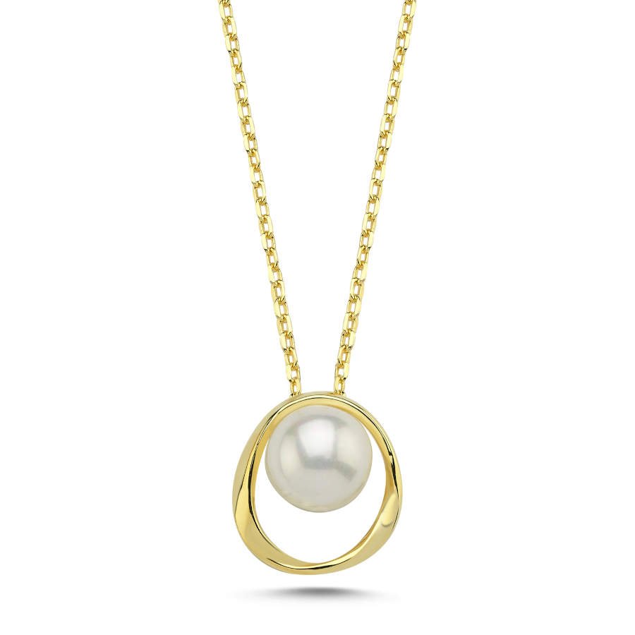 Modern Tasarım İncili Gold Kadın Gümüş Kolye - CNG Jewels