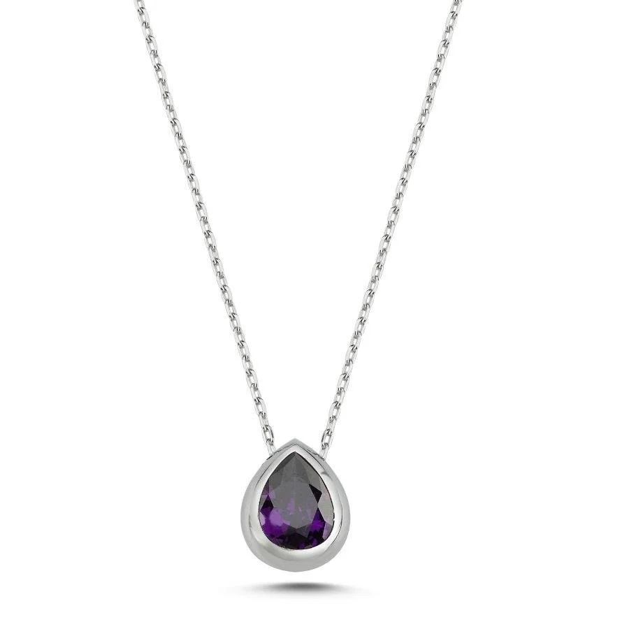 Purple Drop Solitaire Silver Women's Necklace - 1