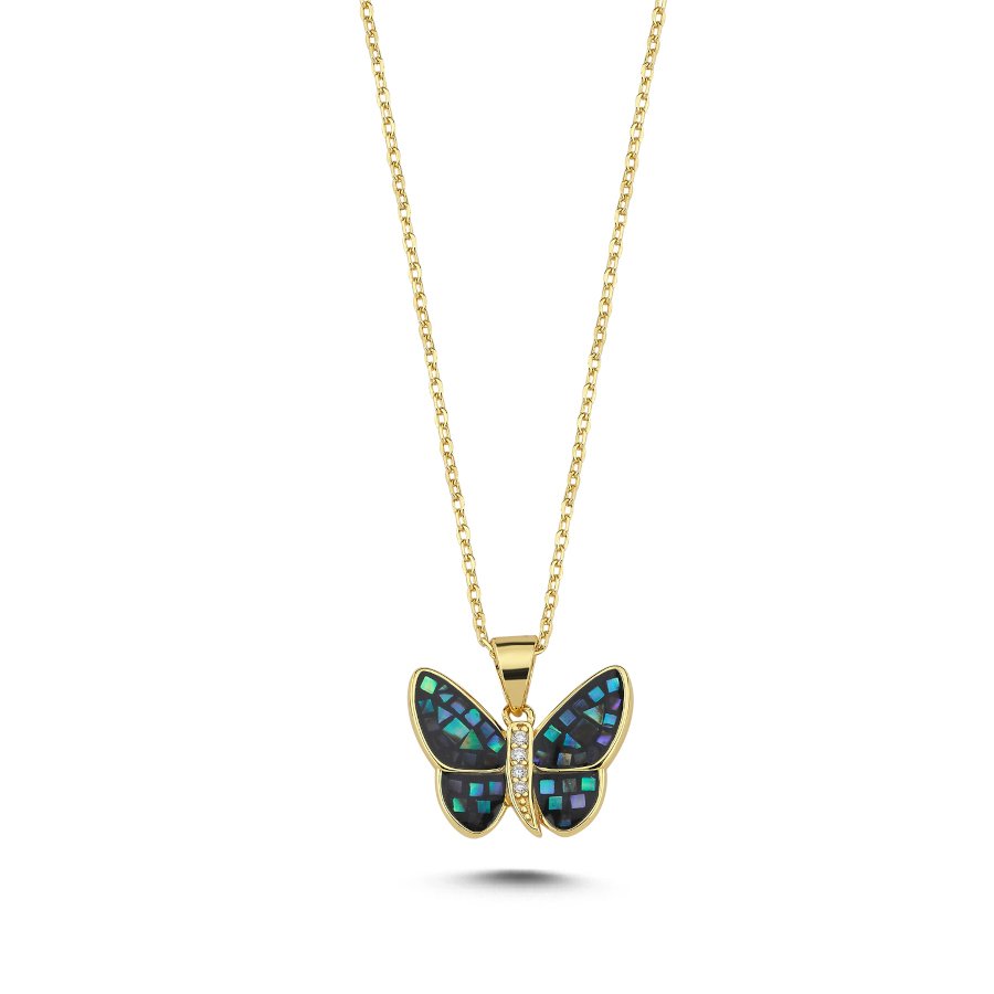 Mosaic Mother of Pearl Butterfly Silver Women's Necklace - CNG Jewels