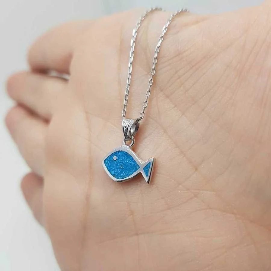 Mozaik Turkuaz Balık Gümüş Kadın Kolye - 1