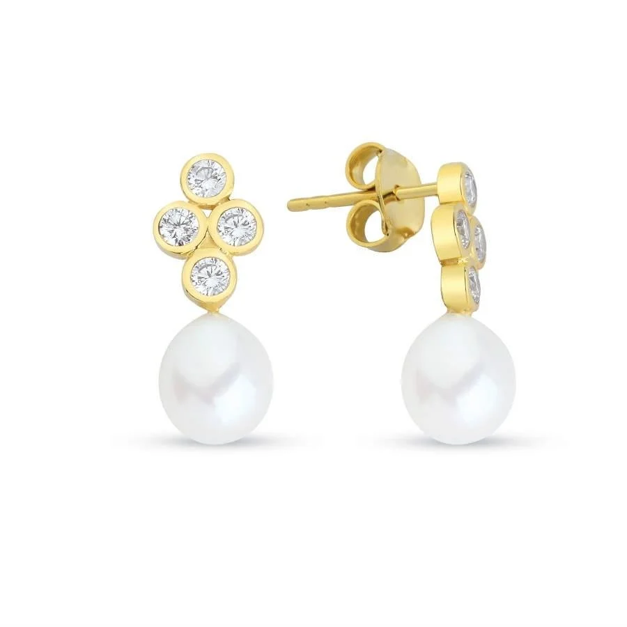 Natural Drop Pearl with Four Stone Earrings