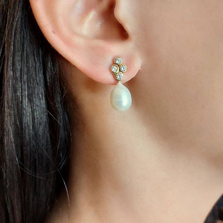 Natural Drop Pearl with Four Stone Earrings