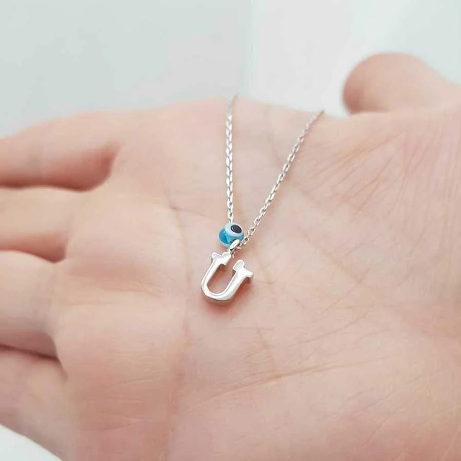 Evil Eye Beaded Letter U Silver Women's Necklace - 1