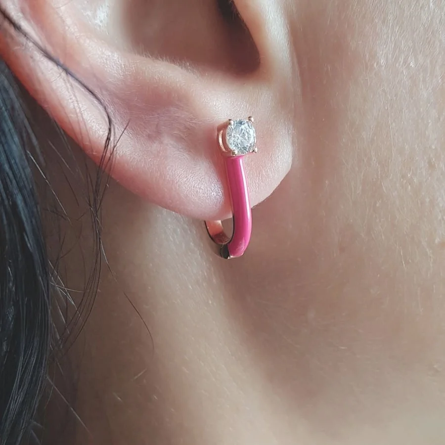 Neon Pembe Mineli Tek Taşlı Halka Gümüş Kadın Küpe - 1