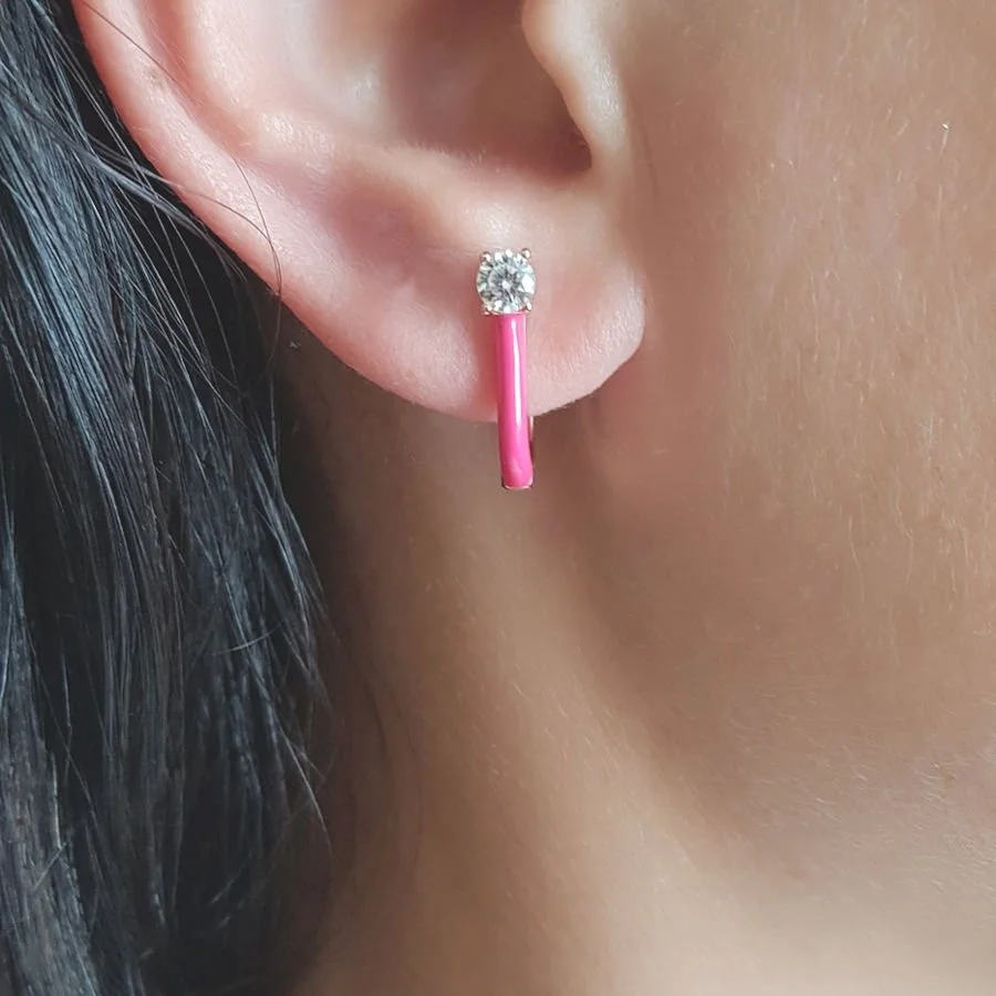 Neon Pembe Mineli Tek Taşlı Halka Gümüş Kadın Küpe - 2