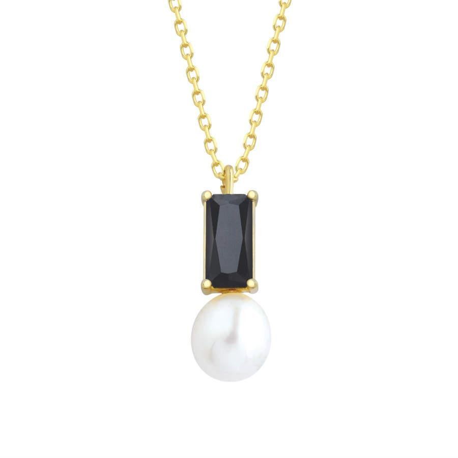 Octagon Onyx Drop Real Pearl Gold Women's Silver Necklace - CNG Jewels