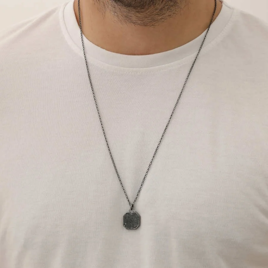 Oktagon Siyah Taşlı Plaka Tasarım Gümüş Erkek Kolye - 3