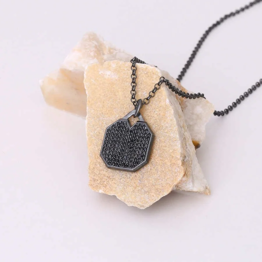 Oktagon Siyah Taşlı Plaka Tasarım Gümüş Erkek Kolye - 4