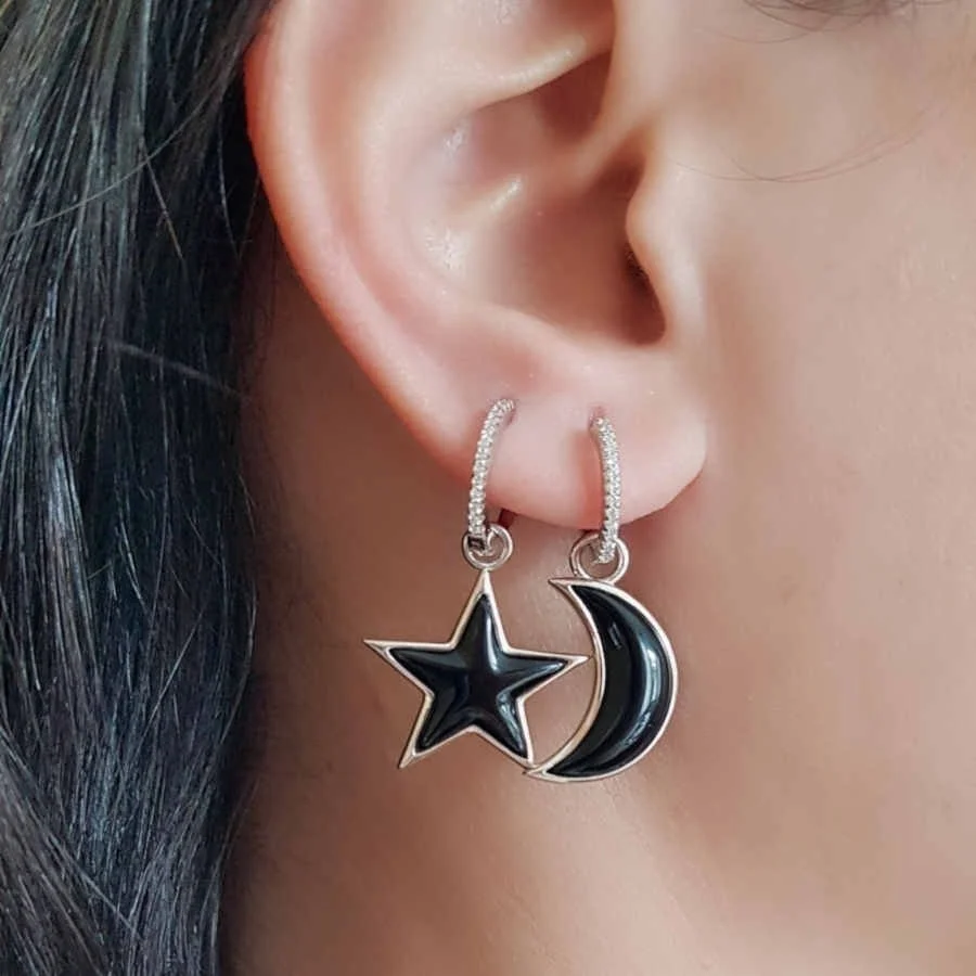 Oniks Taşlı Ay Yıldız Tasarım Gümüş Kadın Küpe - 1