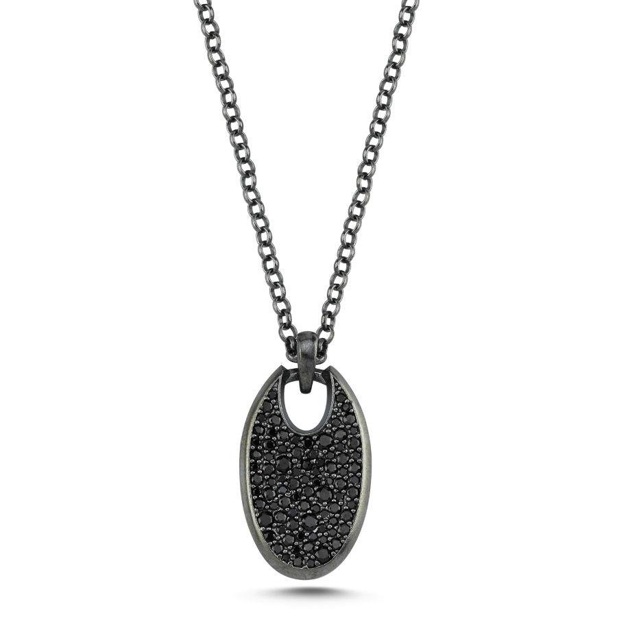 Oval Siyah Taşlı Tasarım Plaka Gümüş Erkek Kolye - CNG Jewels