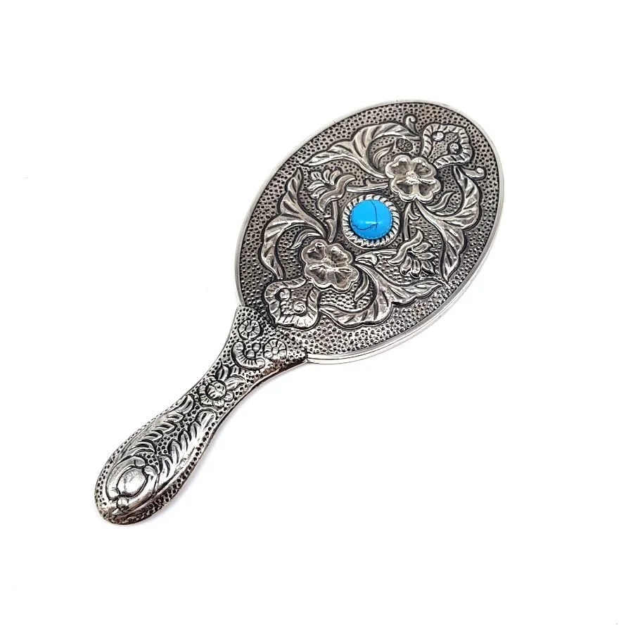 Oval Turquoise Stone Silver Hand Mirror No.2 - 1