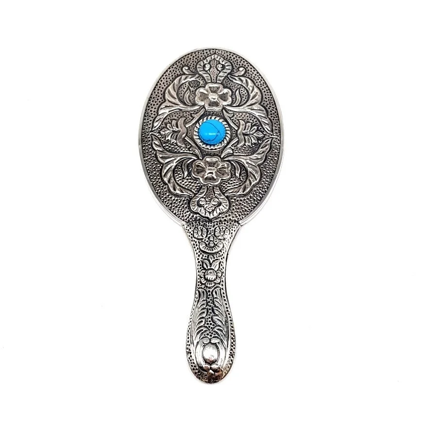 Oval Turquoise Stone Silver Hand Mirror No.2 - 2