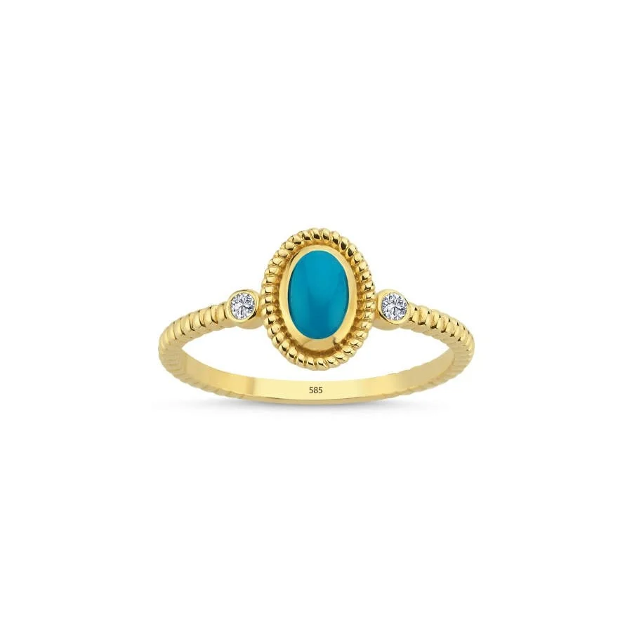 Oval Turquoise Stone Twisted Sleeve Pattern Gold Ring