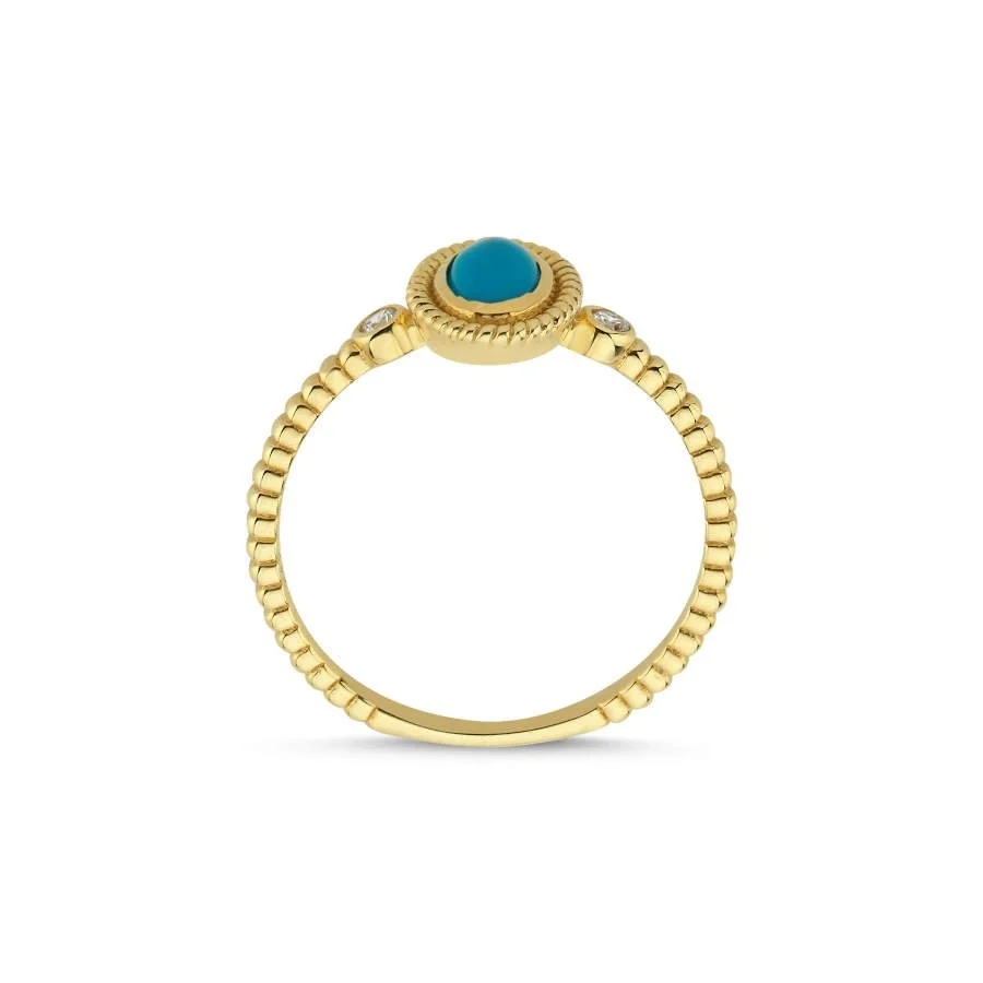 Oval Turquoise Stone Twisted Sleeve Pattern Gold Ring