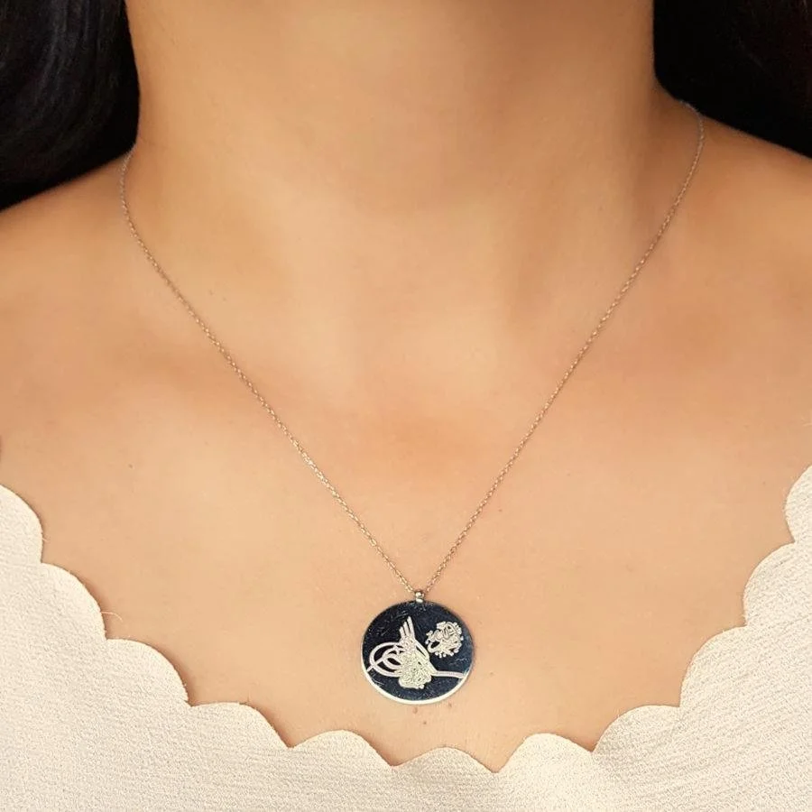 Özel Hat Sanatı Tuğra Besmele Yazılı Gümüş Kadın Kolye - 2