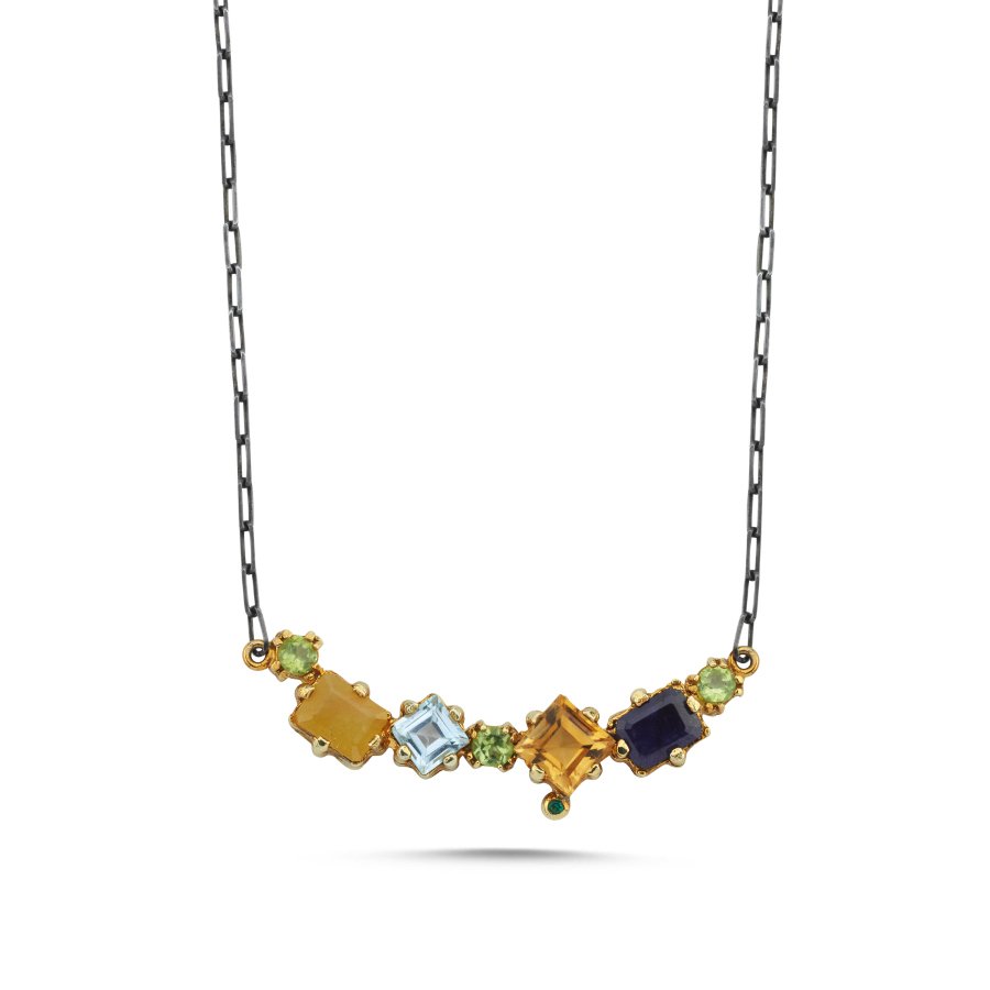 Special Design Mix Natural Stone Bow Silver Necklace - CNG Jewels