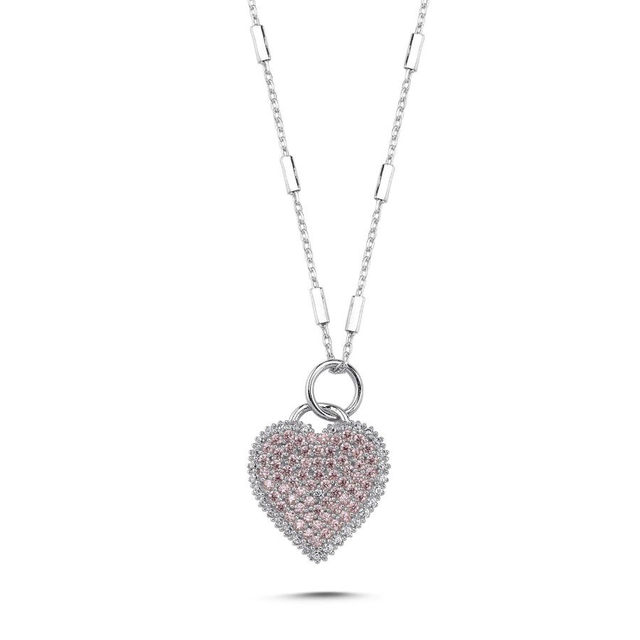 Glittery Pink Heart Silver Women's Necklace - CNG Jewels