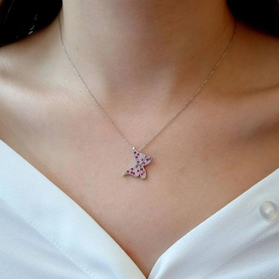 Pembe Mariposa Kelebek Gümüş Kadın Kolye - 2