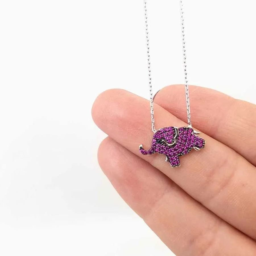 Pembe Taşlı Fil Gümüş Kadın Kolye - 2