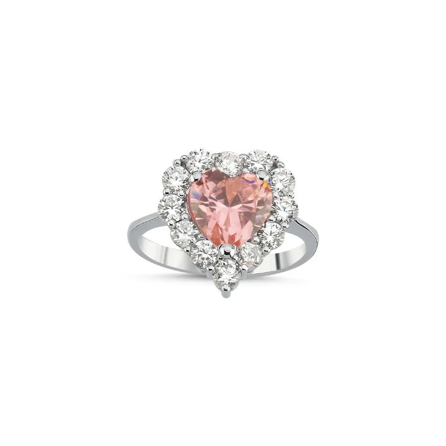 Pembe Taşlı Kalp Kadın Gümüş Yüzük - 1