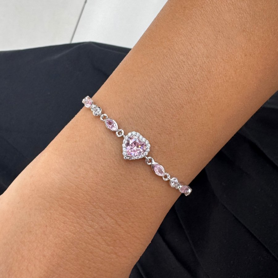 Heart Pink Stone Chain Women's Silver Bracelet - CNG Jewels (1)