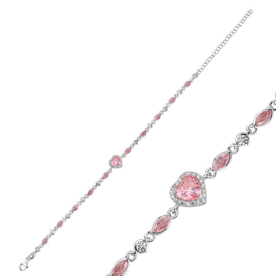 Pembe Taşlı Kalp Zincir Kadın Gümüş Bileklik - CNG Jewels