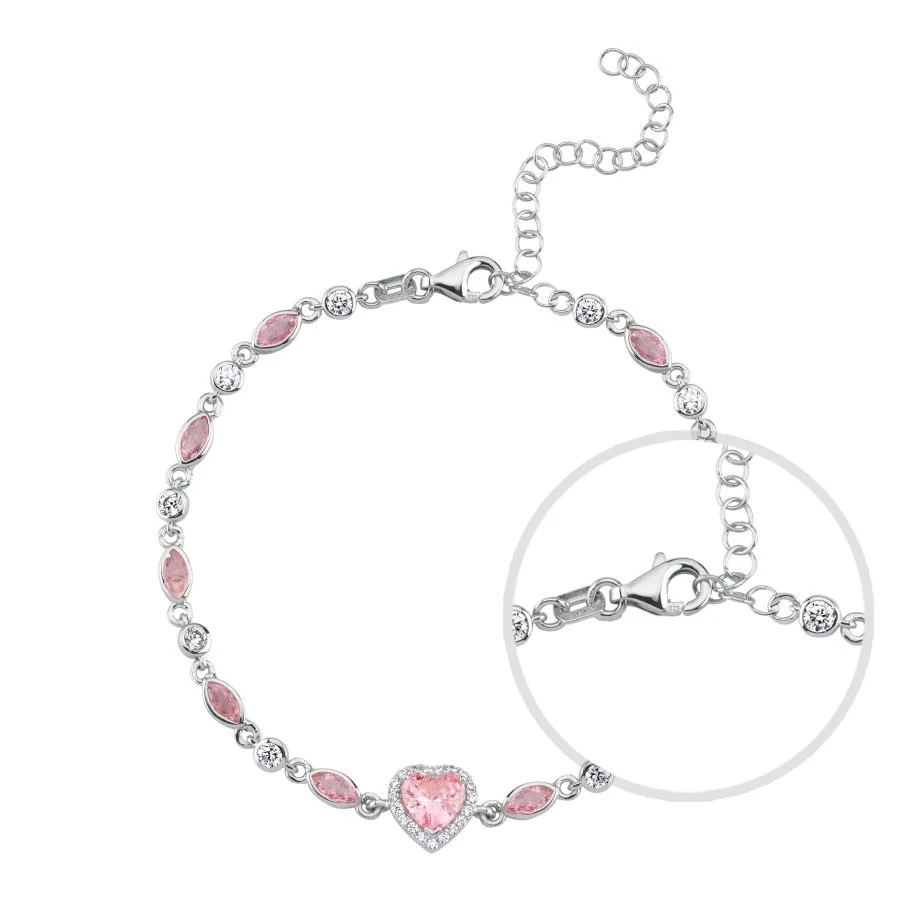 Pembe Taşlı Kalp Zincir Kadın Gümüş Bileklik - 3