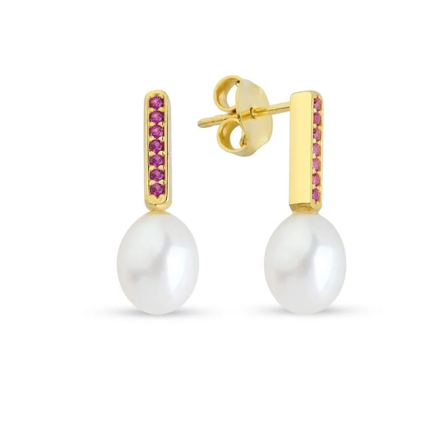 Pembe Yakut Taşlı Doğal Damla İncili Gümüş Kadın Küpe - 1