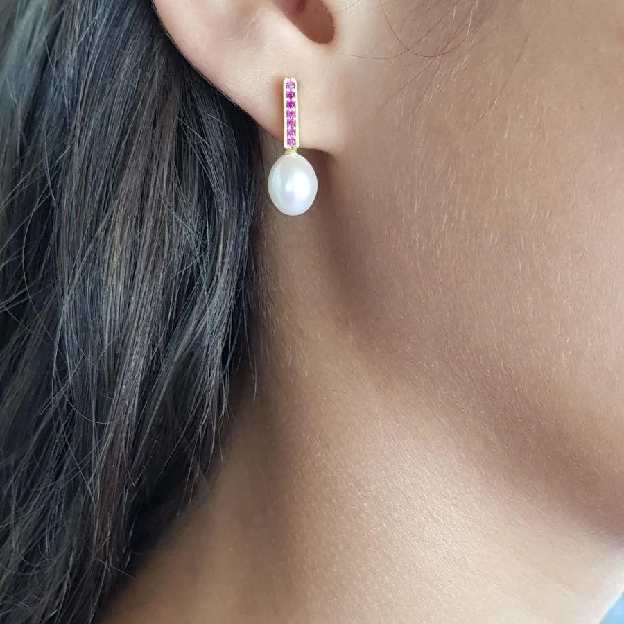 Pembe Yakut Taşlı Doğal Damla İncili Gümüş Kadın Küpe - 2