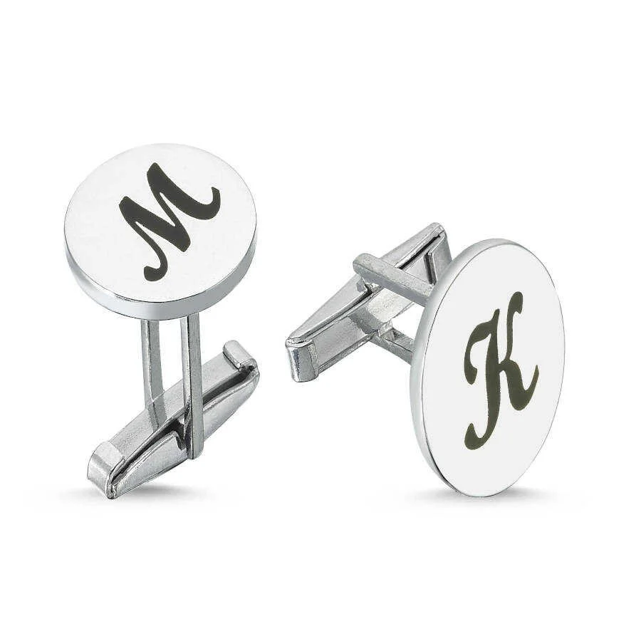 Personalized Round Plate Black Enamel Letter Cufflinks - 1