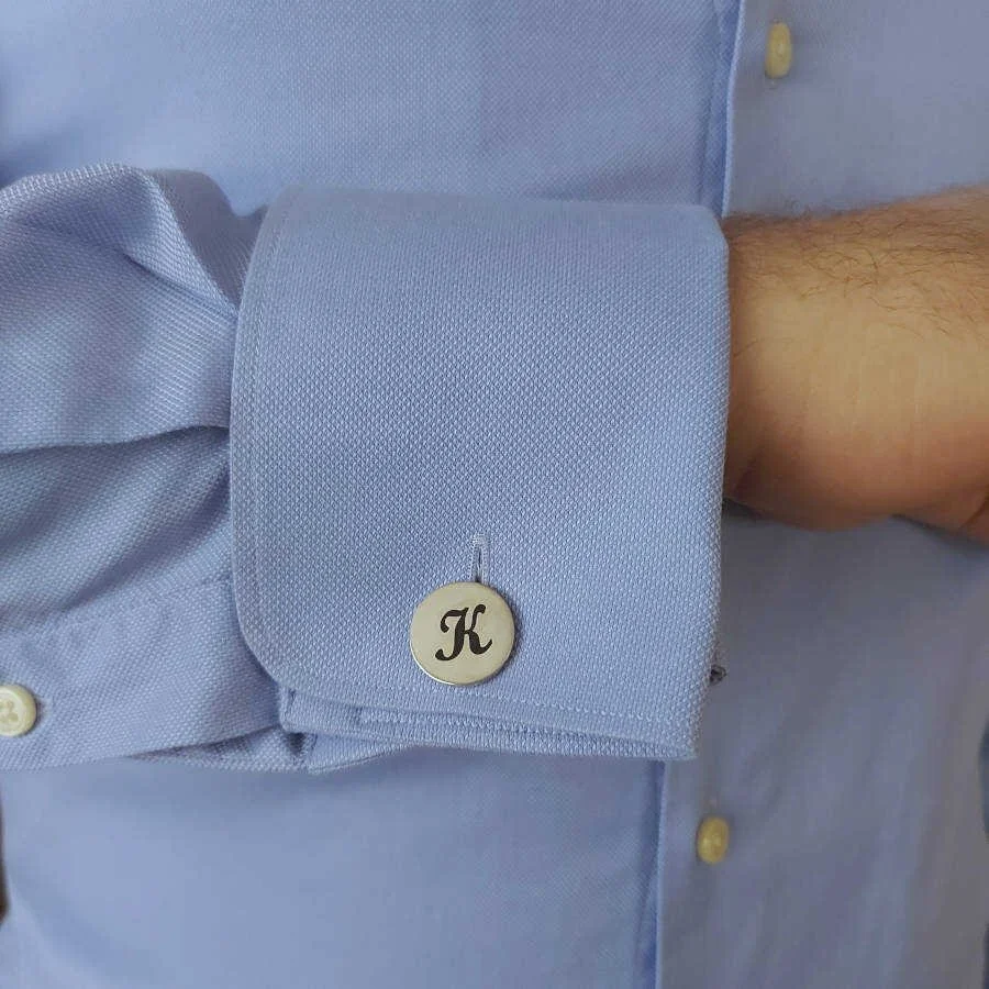  Personalized Round Plate Black Enamel Letter Cufflinks