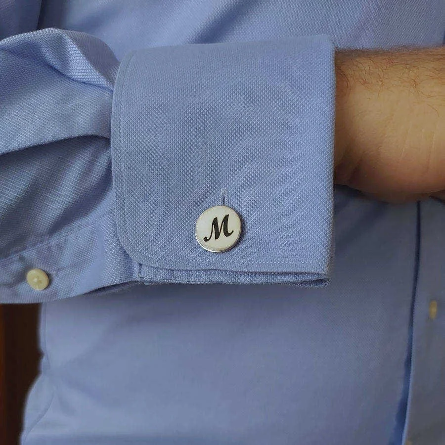  Personalized Round Plate Black Enamel Letter Cufflinks