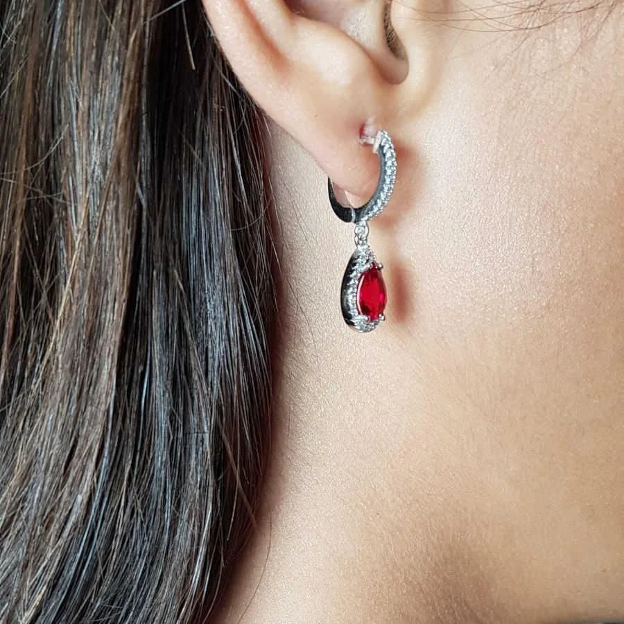 Diamond Model Drop Ruby Dangle Silver Earrings - 2