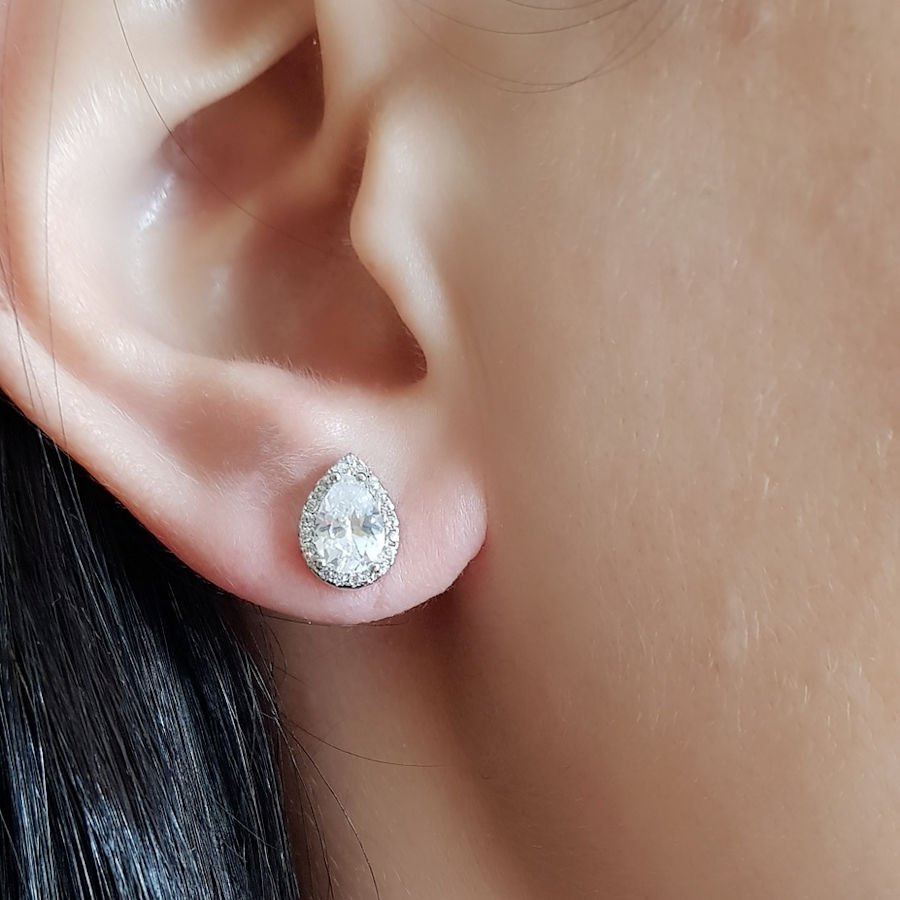 Drop Solitaire Silver Women's Earrings with Stones Around - CNG Jewels (1)