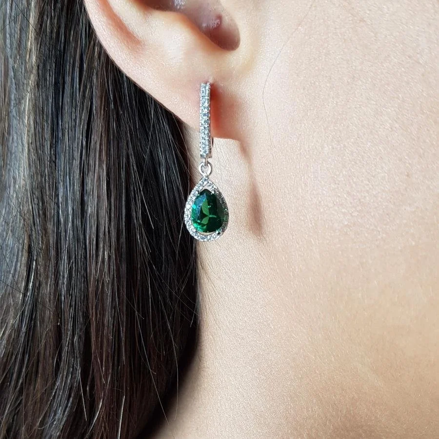 Pırlanta Modeli Sallantılı Zümrüt Damla Taşlı Gümüş Kadın Küpe - 2