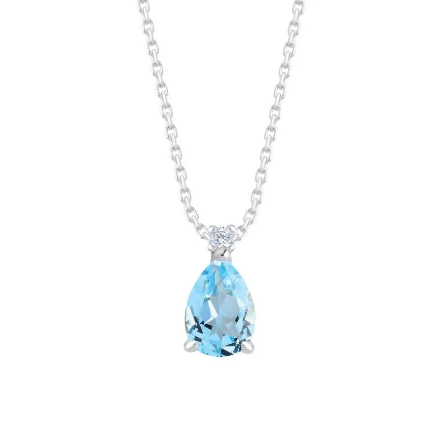 Pırlanta Taşlı Damla Blue Topaz Beyaz Altın Kolye