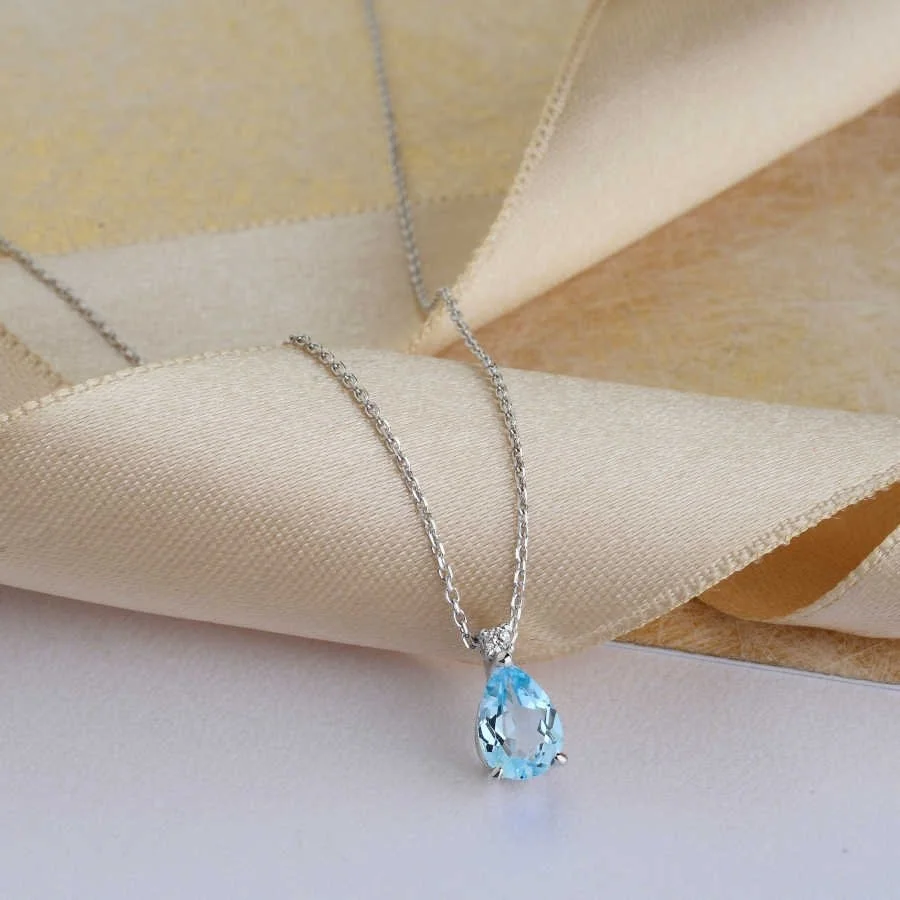 Pırlanta Taşlı Damla Blue Topaz Beyaz Altın Kolye